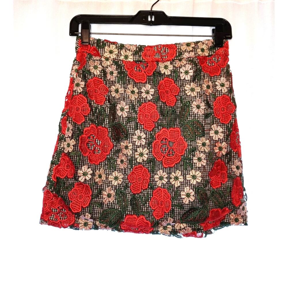 TOPSHOP ROSE LACE GINGHAM FLORAL EMBROIDERED MINI SKIRT SIZE 4